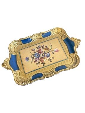 Vintage Florentine Italian Wood Tray Gold Gilt Blue Floral Hand Painted Ornate